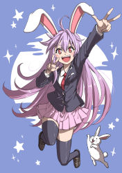Rule 34 | 1girl, ahoge, animal ears, black thighhighs, blazer, blue background, blush, crescent, crescent pin, double v, hair between eyes, highres, inuno rakugaki, jacket, light purple hair, loafers, necktie, open mouth, pink skirt, pleated skirt, rabbit, rabbit ears, red eyes, red necktie, reisen udongein inaba, shirt, shoes, skirt, solo, teeth, thighhighs, touhou, upper teeth only, v, white shirt
