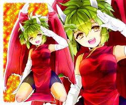 Rule 34 | 1girl, bike shorts, china dress, chinese clothes, draco centauros, dragon wings, dress, elbow gloves, gloves, green hair, horns, madou monogatari, pointy ears, puyopuyo, salute, short hair, smile, solo, sugimoto surume, white gloves, wings, yellow eyes, zoom layer