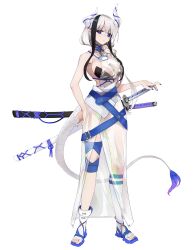 Rule 34 | 1girl, ankle boots, bare shoulders, boots, breasts, closed mouth, fingernails, full body, gg dal, hair over shoulder, highres, horns, katana, large breasts, looking at viewer, multicolored hair, multiple swords, nail polish, original, purple nails, scabbard, see-through, see-through skirt, sheath, sheathed, single sock, skirt, socks, solo, standing, sword, tail, toeless footwear, transparent leotard, two-tone hair, weapon, white hair, white socks