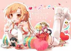 Rule 34 | &gt; &lt;, 10s, 1girl, :d, armor, asuna (sao), bad id, bad pixiv id, bare shoulders, blonde hair, blush, book, breastplate, brown eyes, brown hair, candy, character doll, chibi, closed eyes, cup, dated, detached sleeves, food, heart, heart-shaped pillow, kirito, leafa, legs up, lisbeth (sao), long hair, lying, mini person, miniboy, minigirl, o o, on stomach, open mouth, outline, pillow, pocky, saucer, silica, smile, sodapop (iemaki), solo, sword art online, teacup, thighhighs, v, white armor, white thighhighs, yui (sao)