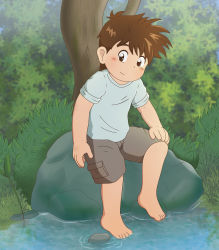 1boy aki5 barefoot blue_shirt brown_eyes brown_hair brown_shorts bush child highres male_focus monster_farm pond rock sakura_genki shirt shorts solo t-shirt third-party_edit tree