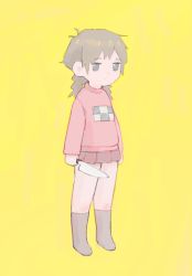 Rule 34 | 1girl, ahoge, brown hair, brown skirt, checkered clothes, closed mouth, grey eyes, highres, holding, holding knife, holding weapon, knife, long hair, madotsuki, messy hair, simple background, skirt, solo, standing, stvpvd, twintails, weapon, yellow background, yume nikki