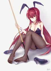 Rule 34 | 1girl, animal ears, ball, bare shoulders, billiard ball, black pantyhose, blush, breasts, cleavage, collarbone, commentary request, cue stick, enico, fake animal ears, fate/grand order, fate (series), feet, high heels, highres, large breasts, leotard, long hair, looking at viewer, official alternate costume, pantyhose, playboy bunny, rabbit ears, scathach (fate), scathach (piercing bunny) (fate), shoes, unworn shoes, sitting, strapless, strapless leotard, toes, very long hair, wrist cuffs