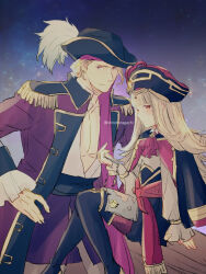 Rule 34 | 1boy, 1girl, absurdres, blonde hair, blunt bangs, closed mouth, compass, fire emblem, fire emblem fates, fire emblem heroes, grey hair, hat, highres, jacket, long hair, long sleeves, looking at viewer, map, nintendo, nishimura (shinchinagachi), official alternate costume, open clothes, open jacket, pectoral cleavage, pectorals, pirate costume, pirate hat, purple eyes, red eyes, scarf, short hair, twitter username, veronica (fire emblem), veronica (pirate) (fire emblem), xander (fire emblem), xander (pirate) (fire emblem)