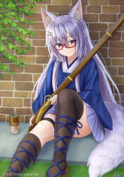 Rule 34 | 1girl, absurdres, animal ear fluff, animal ears, antique firearm, arquebus, black thighhighs, blue skirt, brick wall, brown eyes, brown footwear, can, canned coffee, closed mouth, commentary request, drink can, feet out of frame, firearm, firelock, glasses, grey hair, gun, hair between eyes, hair ornament, hairclip, highres, iroha (iroha matsurika), japanese clothes, kimono, knee up, long hair, long sleeves, matchlock, mole, mole under eye, original, pleated skirt, purple eyes, red-framed eyewear, sandals, semi-rimless eyewear, sitting, skirt, solo, tail, thighhighs, twitter username, under-rim eyewear, very long hair, weapon, white kimono, wide sleeves, wolf ears, wolf girl, wolf tail, zouri