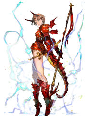 Rule 34 | 1girl, aelia, alternate costume, armor, armored boots, boots, dragon horns, dragon tail, holding, holding weapon, horns, official art, orange hair, red armor, short hair, tail, third-party source, valkyrie anatomia, valkyrie profile (series), weapon