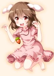 Rule 34 | 1girl, animal ears, arms up, barefoot, blush, brown hair, buck teeth, carrot necklace, dress, gradient background, hair between eyes, high collar, highres, inaba tewi, jewelry, jumping, looking at viewer, necklace, pink background, pink dress, puffy short sleeves, puffy sleeves, rabbit ears, red eyes, ribbon-trimmed dress, ruu (tksymkw), short hair, short sleeves, solo, teeth, touhou