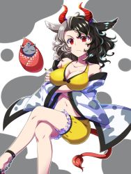 Rule 34 | 1girl, animal ears, animal print, bad id, bad twitter id, bare shoulders, black hair, black nails, breasts, chain, cleavage, collarbone, commentary request, cow ears, cow horns, cow print, cow tail, crossed legs, feet out of frame, grey background, grey hair, haori, horns, invisible chair, japanese clothes, large breasts, long sleeves, looking at viewer, multicolored hair, nail polish, navel, nejimo, off shoulder, red eyes, short hair, short shorts, shorts, sitting, solo, split-color hair, sports bra, stomach, tail, thighs, touhou, two-tone background, two-tone hair, ushizaki urumi, white background, wide sleeves, yellow shorts