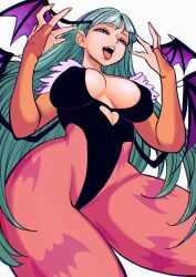 Rule 34 | 1girl, animal print, bat print, bat wings, black leotard, breasts, bridal gauntlets, cleavage, clothing cutout, commentary, demon girl, green eyes, green hair, hands up, head wings, heart cutout, highres, hime cut, large breasts, leotard, long hair, morrigan aensland, open mouth, pantyhose, purple pantyhose, simple background, solo, takumi watanuki, tongue, tongue out, vampire (game), very long hair, white background, wings