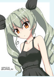 Rule 34 | 10s, 1girl, anchovy (girls und panzer), black ribbon, black shirt, camisole, casual, closed mouth, commentary, dated, drill hair, dutch angle, flipper, frown, girls und panzer, green hair, hair ribbon, head tilt, long hair, looking at viewer, one-hour drawing challenge, red eyes, ribbon, shirt, simple background, solo, spaghetti strap, standing, twin drills, twintails, twitter username, upper body, white background