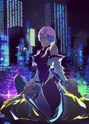 Rule 34 | 1boy, 1girl, bodysuit, building, city, cowgirl position, cyberpunk (series), cyberpunk edgerunners, david martinez, girl on top, highleg, highres, interlocked fingers, jacket, light smile, lucy (cyberpunk), lying, mohawk, multicolored eyes, multicolored hair, night, off-shoulder jacket, off shoulder, on back, outdoors, parted bangs, parted lips, pink hair, purple eyes, purple hair, samurai jacket (cyberpunk), somu ki, straddling, yellow jacket