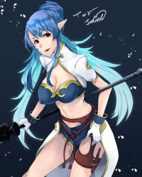Rule 34 | 00s, 1girl, blue background, blue hair, breasts, character name, cleavage cutout, clothing cutout, copyright name, elf, gloves, highres, judith (tales), knife, large breasts, mille (dieci), mirre, navel, pointy ears, polearm, red eyes, solo, spear, tales of (series), tales of vesperia, weapon