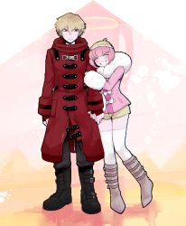 Rule 34 | 1boy, 1girl, ando ruruka, arm hug, arms at sides, bad id, bad pixiv id, black footwear, black pants, blonde hair, boots, bow, brown footwear, coat, commentary request, danganronpa (series), danganronpa 3 (anime), fur-trimmed jacket, fur trim, gloves, grin, hair between eyes, hat, izayoi sounosuke, jacket, knee boots, looking at another, pants, pantyhose, pink hair, pink jacket, red coat, red eyes, scarf, shimada (dmisx), short hair, short shorts, shorts, smile, standing, striped, thighhighs, white bow