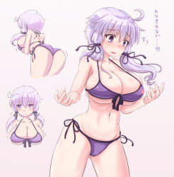 Rule 34 | 1girl, ^^^, ahoge, alternate breast size, alternate costume, ass, ass shake, bare arms, bare shoulders, bent over, bikini, black ribbon, blush, bouncing breasts, breast hold, breasts, bursting breasts, cleavage, collarbone, commentary request, flying sweatdrops, from behind, gradient background, hair ribbon, highres, large breasts, long hair, low twintails, mokuzou203, motion lines, multiple views, navel, nose blush, open mouth, pink background, purple eyes, purple hair, purple ribbon, raised eyebrows, ribbon, short hair with long locks, shoulder blades, side-tie bikini bottom, sideboob, stomach, string bikini, sweat, swimsuit, thighs, translated, tsurime, twintails, vocaloid, voiceroid, yuzuki yukari