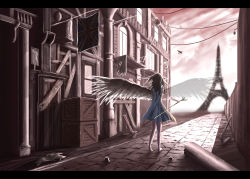 Rule 34 | 1girl, angel, angel wings, animal, asymmetrical wings, bad id, bad pixiv id, banner, bare shoulders, barefoot, bird, black hair, black wings, blue dress, blurry, box, building, city, cloud, cloudy sky, depth of field, dress, eiffel tower, feathered wings, female focus, flag, from behind, full body, holding, holding staff, house, letterboxed, loas (loas cn), long hair, monument, original, outdoors, pillar, pink sky, road, rock, sky, sleeveless, sleeveless dress, solo, staff, street, transparent wings, union jack, walking, window, wings, wooden box