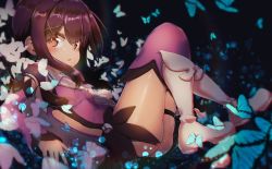 Rule 34 | 1girl, absurdres, ass, black hair, boots, brown eyes, bug, butterfly, detached sleeves, fate/kaleid liner prisma illya, fate (series), from side, hair ornament, hairclip, highres, insect, karu (ricardo 2628), knees up, leotard, long hair, lying, miyu edelfelt, on back, open mouth, purple leotard, purple thighhighs, solo, thigh strap, thighhighs, twintails, white footwear