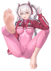 Rule 34 | 1girl, absurdres, alice (nikke), barefoot, bodysuit, feet, foot focus, ghhoward, gloves, goddess of victory: nikke, highres, no shoes, open mouth, pink bodysuit, simple background, soles, solo, teeth, toes, upper teeth only, white background, white hair