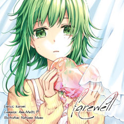 Rule 34 | 1girl, broken glass, broken heart, camisole, cardigan, commentary request, crying, crying with eyes open, curtains, dripping, fingernails, flipped hair, glass, green eyes, green hair, gumi, heart, holding, looking at viewer, momomochi, parted lips, sad, shards, short hair, sidelocks, signature, sleeves past wrists, solo, song name, tears, upper body, vocaloid