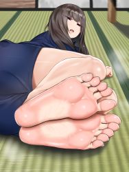 Rule 34 | 1girl, barefoot, blue eyes, feet, half-closed eyes, highres, long hair, looking at viewer, lying, on side, open mouth, soles, steam, tatami, toes