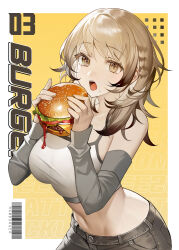 Rule 34 | 1girl, absurdres, bare shoulders, blonde hair, breasts, brown eyes, brown hair, brown pants, burger, chungla, cowboy shot, detached sleeves, food, highres, holding, holding food, large breasts, leaning forward, long hair, long sleeves, looking at food, mole, mole under mouth, navel, open mouth, original, pants, solo, sports bra, white sports bra, yellow background