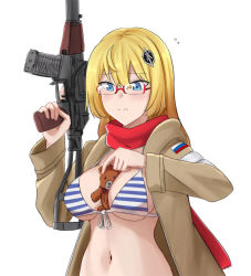 Rule 34 | 1girl, as val, as val (girls&#039; frontline), assault rifle, automatic rifle, blonde hair, blue eyes, blush, breasts, brown jacket, cleavage, cyka, girls&#039; frontline, glasses, gun, hair between eyes, hair ornament, hairclip, hand on weapon, holding, holding weapon, integral suppressor, integrally-suppressed firearm, jacket, kalashnikov rifle, long hair, looking down, medium breasts, navel, open clothes, open jacket, red scarf, rifle, russian flag, scarf, solo, stomach, stuffed animal, stuffed toy, suppressor, teddy bear, toz (tulsky oruzheiny zavod), tsniitochmash, tula arms plant, weapon, white background