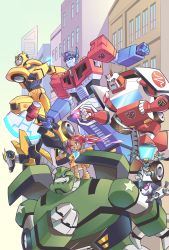 Rule 34 | 1girl, aged down, autobot, bulkhead, bumblebee, clenched hands, dog, energy axe, from side, highres, jazz (transformers), lantana0 0, mecha, one eye closed, open mouth, optimus prime, prowl (transformers), ratchet (transformers), red hair, robot, sari sumdac, transformers, transformers animated, twintails, visor