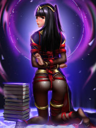 Rule 34 | 1girl, arms behind back, arms up, artist name, ass, backlighting, bangle, bdsm, black bodysuit, blunt bangs, blurry, blush, bodystocking, bodysuit, bondage, book, book stack, bound, bound arms, bracelet, brown eyes, character name, crotch rope, debris, fire emblem, fire emblem awakening, from behind, jewelry, kneeling, liang xing, long hair, looking at viewer, looking back, magic circle, motion blur, nintendo, no shoes, nose blush, parted lips, red rope, rope, shibari, shibari over clothes, skin tight, soles, solo, tharja (fire emblem), thigh strap, watermark, web address