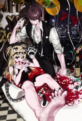 Rule 34 | 1boy, 1girl, 2pineapplepizza, alcohol, amane misa, animal ears, barefoot, bathtub, black necktie, blush, bottle, collared shirt, cup, death note, drinking glass, eyewear on head, flower, highres, holding, holding cup, jacket, legs, letter balloon, long hair, looking at viewer, loose necktie, necktie, open collar, open mouth, petals, red flower, red rose, red wine, rose, rose petals, shirt, smile, soles, suit jacket, swimsuit, tail, thighs, white flower, white rose, white shirt, wine, wine bottle, wine glass, yagami light, yellow flower, yellow rose
