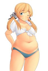 Rule 34 | 10s, 1girl, anchor hair ornament, belly, bikini, bikini bottom only, blonde hair, blue eyes, blush, bou (starless2323), breasts, fusa (starless2323), hair ornament, kantai collection, long hair, looking at viewer, low twintails, medium breasts, one eye closed, plump, prinz eugen (kancolle), shirt, solo, standing, swimsuit, tareme, tied shirt, twintails