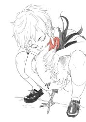 Rule 34 | 1girl, animal, animal hug, bird, chicken, closed mouth, commentary request, full body, greyscale, highres, kneehighs, monochrome, original, shoes, short hair, short sleeves, simple background, socks, solo, spot color, squatting, yutaka7