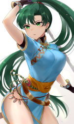 Rule 34 | 1girl, arm up, black gloves, black shirt, blue dress, breasts, china dress, chinese clothes, dress, earrings, fire emblem, fire emblem: the blazing blade, gloves, green eyes, green hair, hair ornament, haru (nakajou-28), high ponytail, highres, holding, holding sword, holding weapon, jewelry, large breasts, long hair, looking away, lyn (fire emblem), nintendo, orange sash, parted lips, pelvic curtain, ponytail, sash, shirt, short sleeves, simple background, solo, sword, thighs, very long hair, weapon, white background
