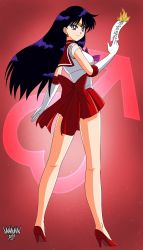 Rule 34 | 1girl, absurdres, between fingers, bishoujo senshi sailor moon, black hair, burning, commentary, danmakuman, english commentary, from behind, gloves, high heels, highres, hino rei, leotard, light smile, long hair, miniskirt, ofuda, ofuda between fingers, purple eyes, red background, red footwear, red skirt, sailor mars, signature, skirt, solo, standing, talisman, white gloves, white leotard