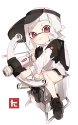 Rule 34 | 1girl, black footwear, black hat, bow (weapon), dolphin shorts, hat, highres, holding, holding bow (weapon), holding weapon, ika esu, inkling, inkling girl, inkling player character, long sleeves, looking at viewer, nintendo, red eyes, shirt, shoes, short shorts, shorts, simple background, sitting, sneakers, solo, splatoon (series), splatoon 3, visor cap, weapon, white background, white hair, white shirt, white theme