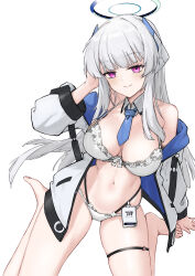 Rule 34 | 1girl, absurdres, arashi (alais), blue archive, blue necktie, blush, bra, breasts, closed mouth, detached collar, grey hair, halo, highres, jacket, large breasts, long hair, long sleeves, looking at viewer, mechanical halo, navel, necktie, noa (blue archive), open clothes, open jacket, panties, purple eyes, simple background, smile, solo, thigh strap, underwear, white background, white bra, white jacket, white panties