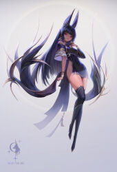 Rule 34 | 1girl, absurdres, animal ears, anubis (mythology), bare shoulders, black dress, black hair, black thighhighs, blunt bangs, breasts, dark skin, dress, earrings, egyptian, english text, floating, full body, high heels, highres, hrrry, jackal ears, jewelry, long hair, long sleeves, looking at viewer, medium breasts, original, red eyes, smile, solo, thighhighs, thighs, white background, wide sleeves, wrist cuffs