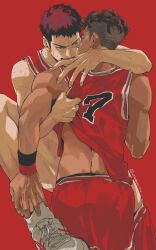Rule 34 | 2boys, anal, basketball jersey, brown hair, clothes lift, cowboy shot, drooling, earrings, highres, hug, jewelry, killuaz1130, looking at another, male focus, male penetrated, mitsui hisashi, miyagi ryouta, multiple boys, muscular, muscular male, open mouth, red background, red eyes, red hair, red shorts, shirt grab, shirt lift, shoes, short hair, shorts, simple background, slam dunk (series), sweat, sweatband, tan, tank top, twitter username, undercut, white footwear, yaoi