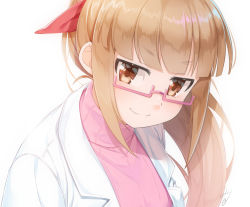 Rule 34 | 1girl, blunt bangs, brown eyes, closed mouth, commentary request, hair ribbon, idolmaster, idolmaster cinderella girls, ikebukuro akiha, lab coat, light brown hair, long hair, miri (ago550421), open clothes, pink-framed eyewear, pink sweater, ponytail, red ribbon, ribbed sweater, ribbon, semi-rimless eyewear, sidelocks, simple background, smile, solo, sweater, turtleneck, turtleneck sweater, under-rim eyewear, upper body, white background