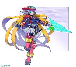 Rule 34 | aile (mega man zx), armor, blonde hair, blue eyes, boots, breasts, cropped jacket, energy sword, helmet, highres, holding, holding sword, holding weapon, jacket, large breasts, long hair, mega man (series), mega man zx, oomasa teikoku, open clothes, open jacket, power armor, red footwear, red jacket, sword, weapon