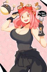 Rule 34 | 1girl, baggy pants, bare shoulders, black shirt, boku no hero academia, breasts, cleavage, collarbone, english text, gloves, goggles, goggles on head, hatsume mei, highres, jellcaps, large breasts, looking at viewer, medium hair, pants, pink background, pink hair, ribbed shirt, shirt, smile, solo, symbol-shaped pupils, tank top, wrench, yellow eyes