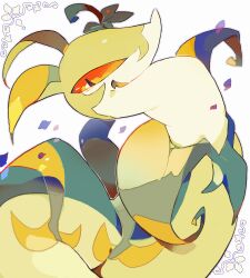 Rule 34 | akadako, animal focus, bags under eyes, colored sclera, creatures (company), fang, game freak, gen 5 pokemon, grey outline, happy, looking to the side, nintendo, no humans, open mouth, orange sclera, petals, pokemon, pokemon (creature), red eyes, serperior, skin fang, smile, solo, white background