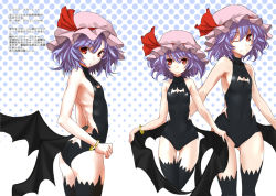 Rule 34 | 1girl, ;), ass, back, bangle, bare shoulders, bat wings, black thighhighs, bracelet, fang, hat, jewelry, kuronuko neero, low wings, mob cap, one-piece swimsuit, one eye closed, purple hair, red eyes, remilia scarlet, short hair, smile, solo, swimsuit, thigh gap, thighhighs, touhou, wings, wink