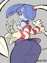 Rule 34 | 1girl, 2018, ass, blue hair, blue skin, blush stickers, colored skin, detached collar, detached sleeves, dress, grey background, leviathan (skullgirls), long sleeves, looking at viewer, looking back, mtk hoshi, red eyes, side ponytail, skeletal arm, skullgirls, smile, solo, squigly (skullgirls), stitched mouth, stitches, v