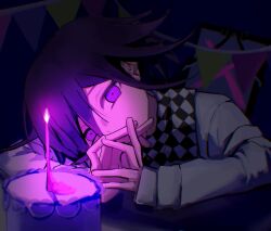 1boy arm_belt birthday_cake buttons cake candle checkered_clothes checkered_scarf danganronpa_(series) danganronpa_v3:_killing_harmony dark_background expressionless fire flipped_hair food ge10 hair_between_eyes highres korean_commentary long_sleeves male_focus melting multicolored_buttons oma_kokichi own_hands_together purple_eyes purple_hair scarf short_hair solo straitjacket two-tone_scarf upper_body