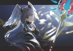 Rule 34 | 1girl, black gloves, blue eyes, elbow gloves, gloves, grey hair, head wings, highres, holding, holding staff, long hair, looking back, melia antiqua, signature, staff, usagi ringo, wings, xenoblade chronicles (series), xenoblade chronicles 3