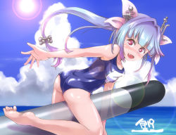 Rule 34 | 10s, 1girl, ass, barefoot, blue hair, blush, breasts, cloud, day, hair ornament, hair ribbon, i-19 (kancolle), kantai collection, large breasts, long hair, looking at viewer, one-piece swimsuit, open mouth, outstretched arm, red eyes, ribbon, satomura kyou, school swimsuit, sky, smile, solo, star-shaped pupils, star (symbol), sun, swimsuit, symbol-shaped pupils, torpedo, twintails