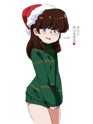 Rule 34 | 1girl, blue eyes, blush, brown hair, clothes tug, facing viewer, freckles, hair down, hat, highres, jcm2, looking at viewer, lynn loud, merry christmas, naked sweater, open mouth, santa hat, simple background, sleeves past wrists, smile, solo, sweatdrop, sweater, sweater tug, the loud house, translated, turtleneck, turtleneck sweater, white background