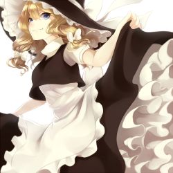 Rule 34 | 1girl, alternate hairstyle, apron, bad id, bad pixiv id, blonde hair, blue eyes, bow, clothes lift, frilled skirt, frills, hair bow, hair ornament, hat, hat ribbon, kirisame marisa, long hair, looking at viewer, low twintails, nemunemu (bluelight5), puffy sleeves, ribbon, shirt, short sleeves, simple background, skirt, skirt lift, skirt set, smile, solo, touhou, turtleneck, twintails, vest, waist apron, white background, witch hat