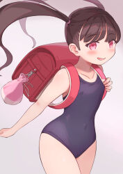 Rule 34 | 1girl, backpack, bag, bare shoulders, black hair, child, collarbone, covered clitoris, covered navel, flat chest, hair tie, kai ooo1, long hair, looking at viewer, one-piece swimsuit, open mouth, original, pink eyes, randoseru, red bag, school swimsuit, solo, swimsuit, thighs, twintails, wide hips