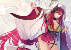 Rule 34 | 1girl, azur lane, bare shoulders, bow, breasts, chitose (azur lane), claw ring, fox mask, hair bow, hane (feathe02), highres, large breasts, long hair, mask, purple eyes, red hair, red skirt, skirt, solo, very long hair, white bow, wide sleeves