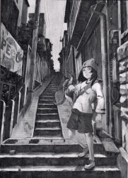 Rule 34 | abe yoshitoshi, black hair, dragon, greyscale, hat, highres, monochrome, perspective, shorts, solo, stairs